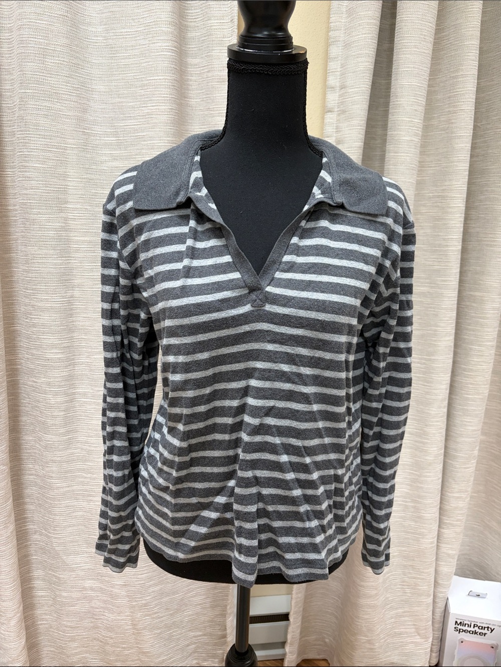 Eddie Bauer Gray Striped Cotton Long Sleeve Top